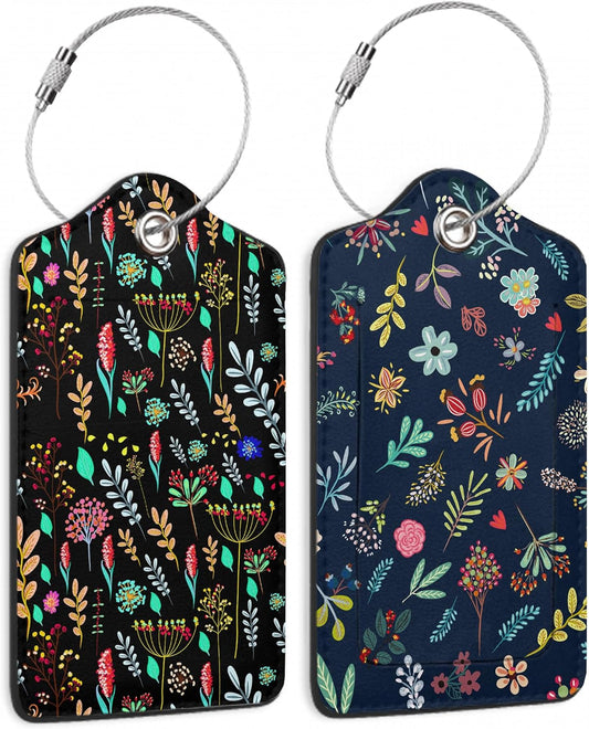Abstract Small Flowers Luggage Tags for Suitcases, 2 Pack Cute PU Leather Suitcase Tag Identifiers with Address Card for Baggage Tag
