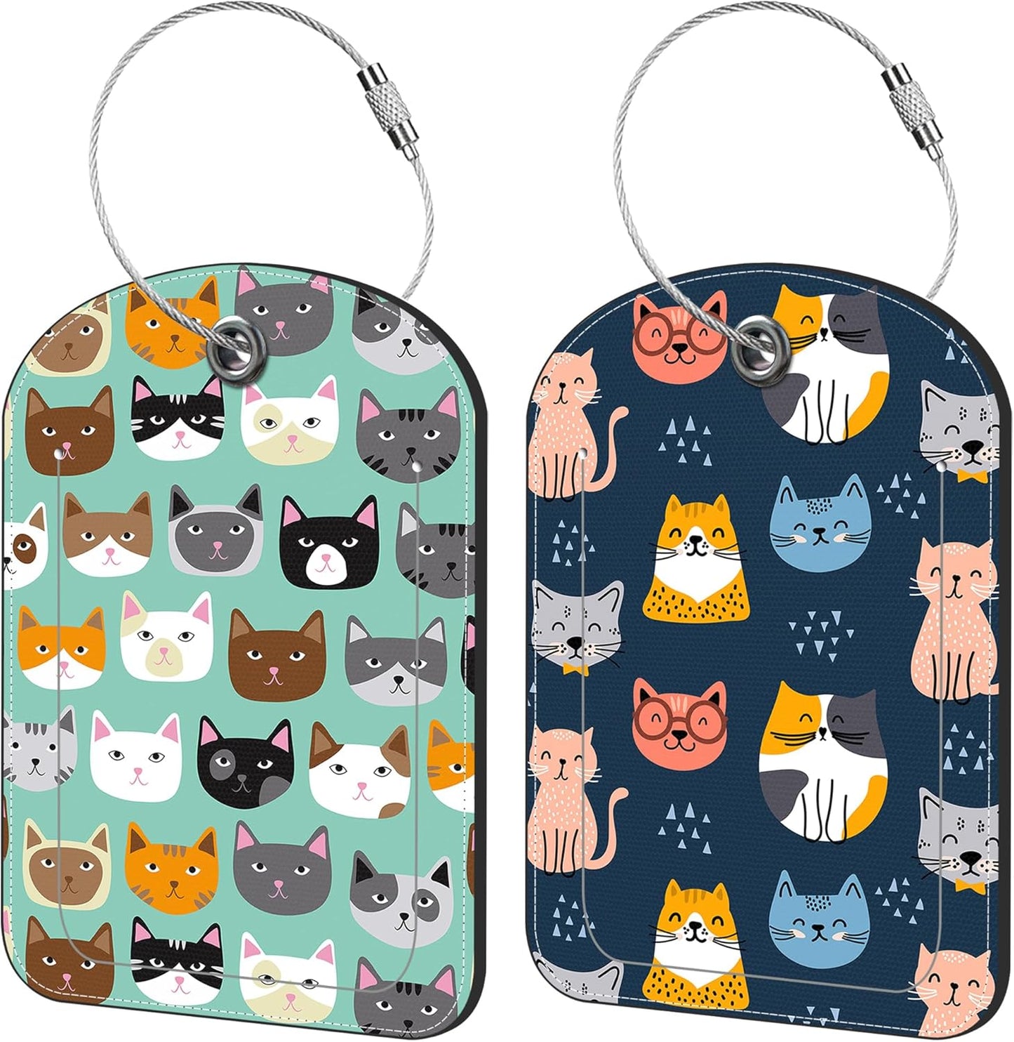 Cute Cat Animal Prints Luggage Tag for Suitcase Set of 2 PU Leather Cute Luggage Tags with Stainless Metal Loop ID Label Privacy Flap Suitcase Tags for Women and Men Travel