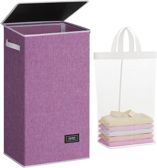 SOLEDI Laundry Hamper with Lid 100L Large & Tall Collapsible Laundry Basket, Clothes Hamper with Bag Removable Easy to Carry, Dirty Hampers for Bedroom, Bathroom, Dorm, College, Purple