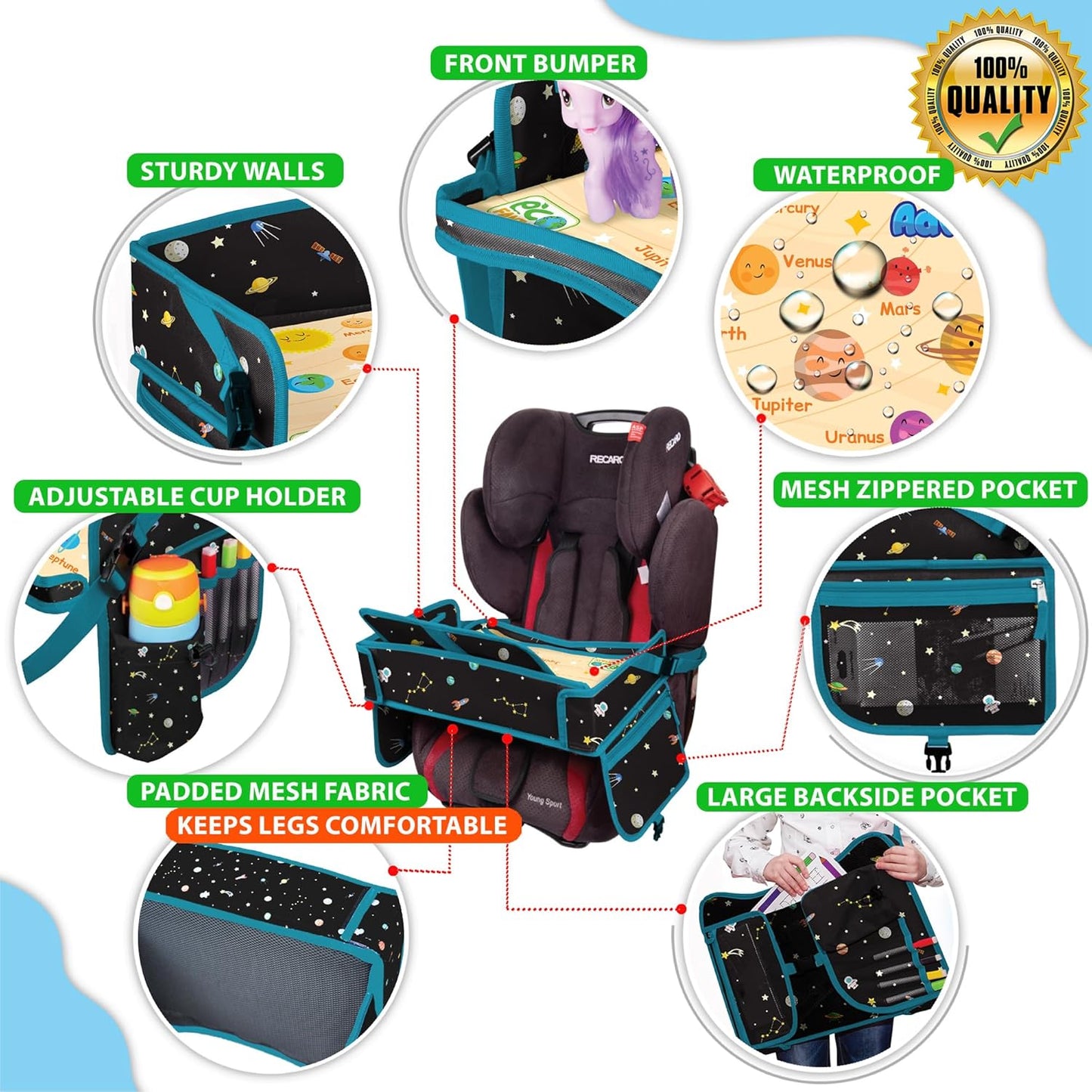 Car Seat Tray for Toddler - Waterproof Carseat Table Top - Kids Travel Tray - Travel and Road Trip Essentials Kids - Lap Desk with Storage -Baby Airplane Travel Accessories (Black)