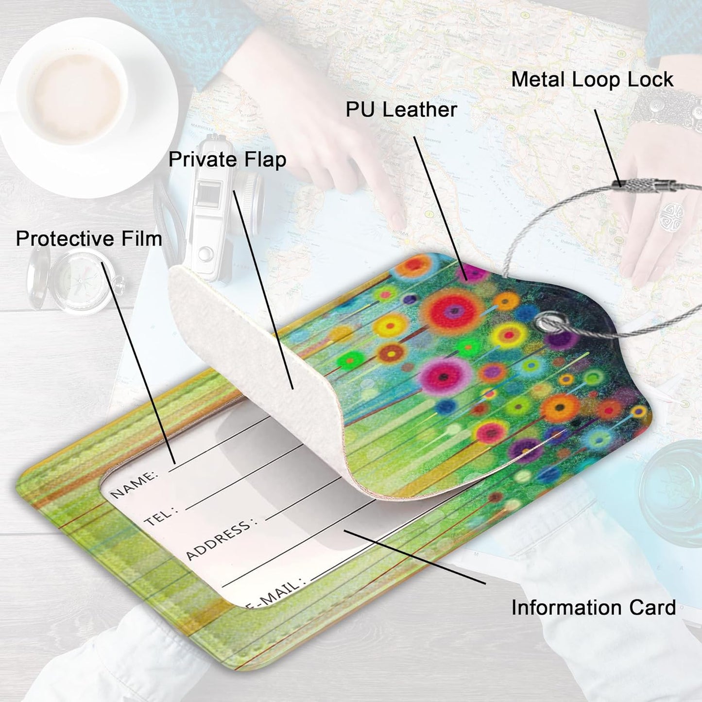 Spring Flowers Luggage Tag for Suitcase,Watercolor Travel Tags with Privacy Cover ID Label & Stainless Steel Loop for Men Women