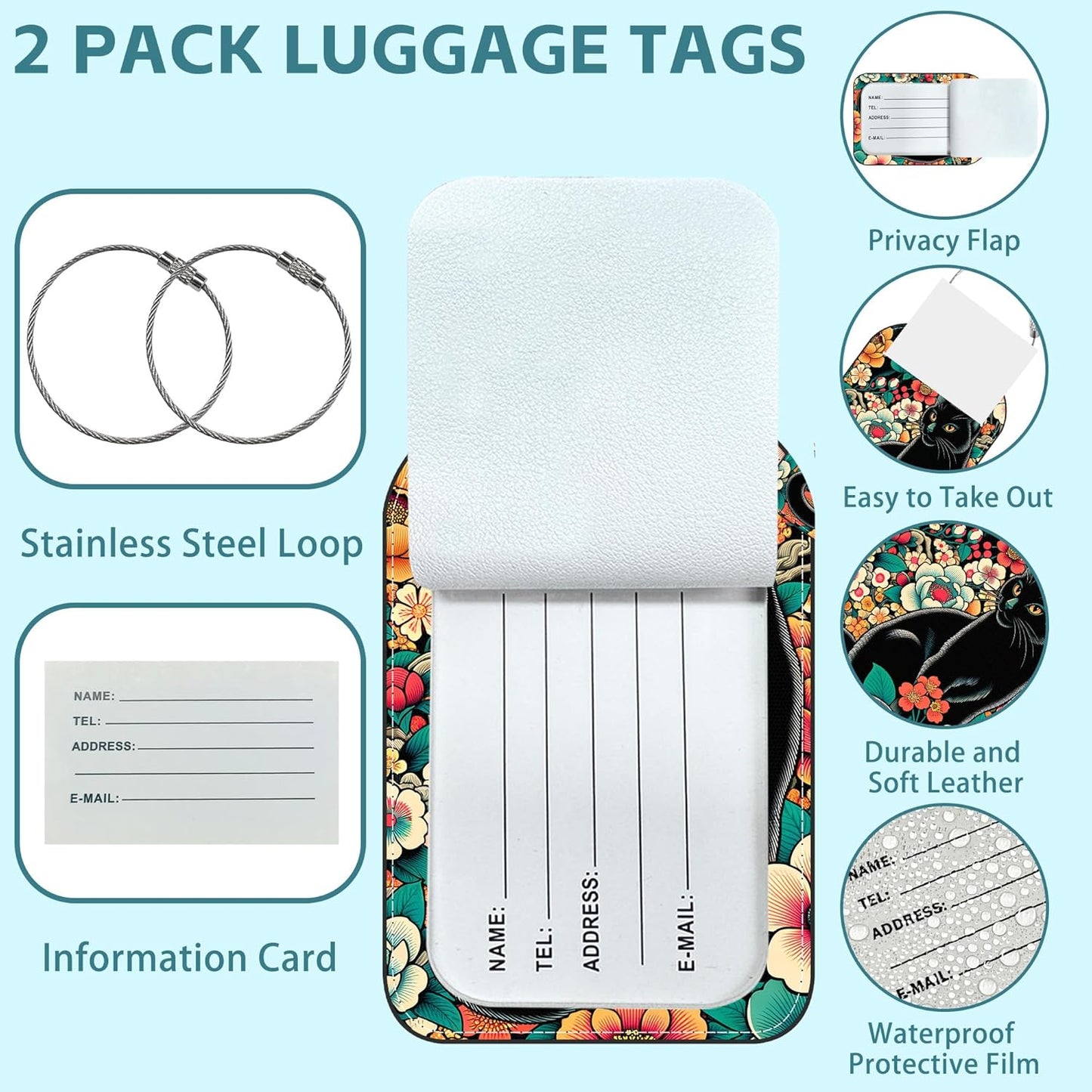 Black Cat and Flower Luggage Tag for Suitcase Set of 2 PU Leather Cute Luggage Tags with Stainless Metal Loop ID Label Privacy Flap Suitcase Tags for Women and Men Travel