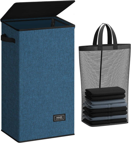 SOLEDI Laundry Hamper with Lid 100L Large & Tall Collapsible Laundry Baskets, Clothes Hamper with Bag Removable Easy to Carry, Dirty Hampers for Bedroom, Bathroom, Dorm, College, Blue