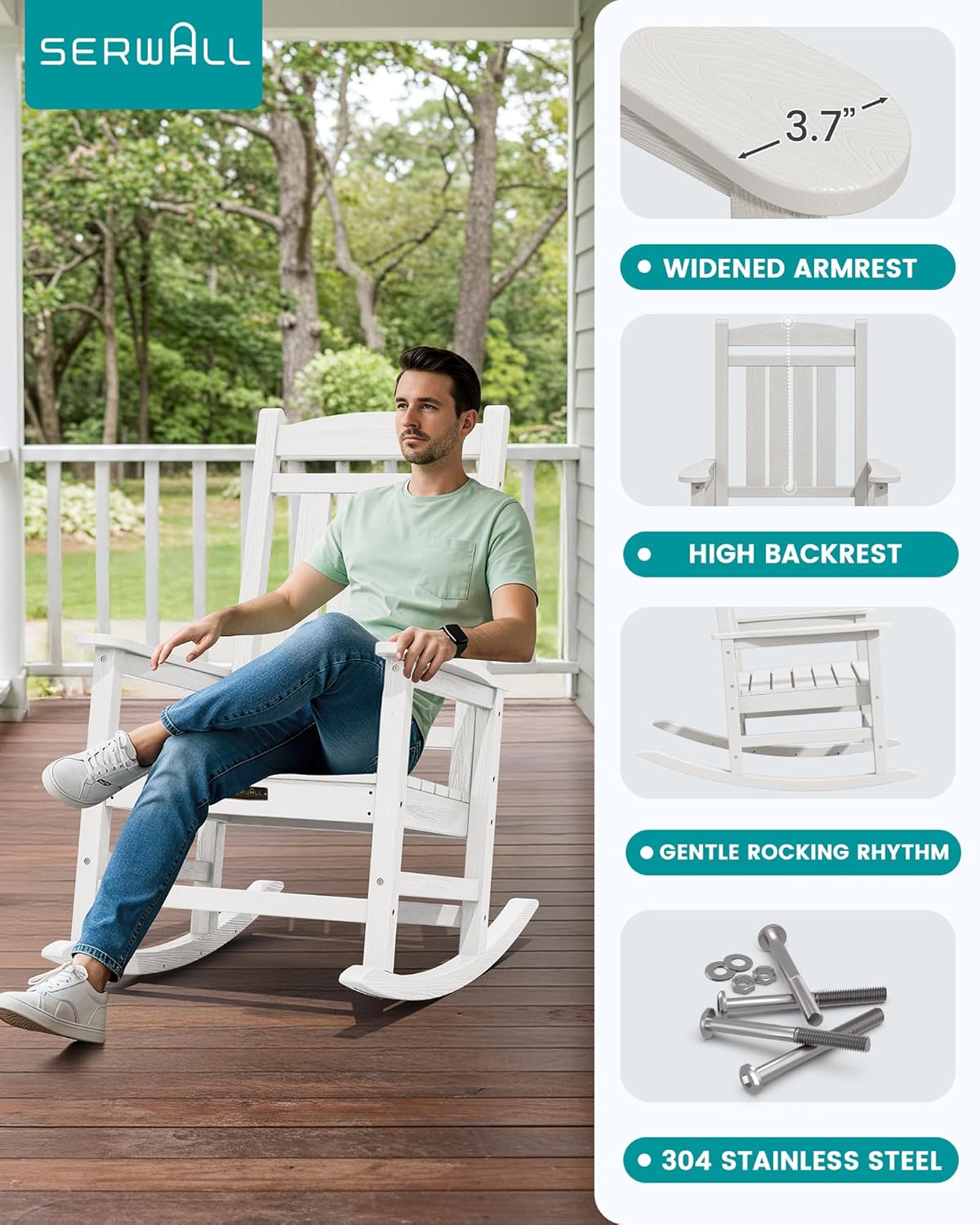 SERWALL Outdoor Rocking Chair Set of 2, HDPE Patio Rocking Chair All-Weather Porch Rocker for Balcony, Yard, White