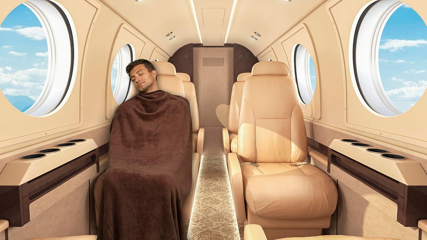 BlueHills Premium Soft Travel Blanket Pillow Airplane Blanket Soft Bag Pillow case with Hand Luggage Belt and Backpack Clip Compact Pack Large Portable Throw Air Plane Flight Travel (Brown T009)