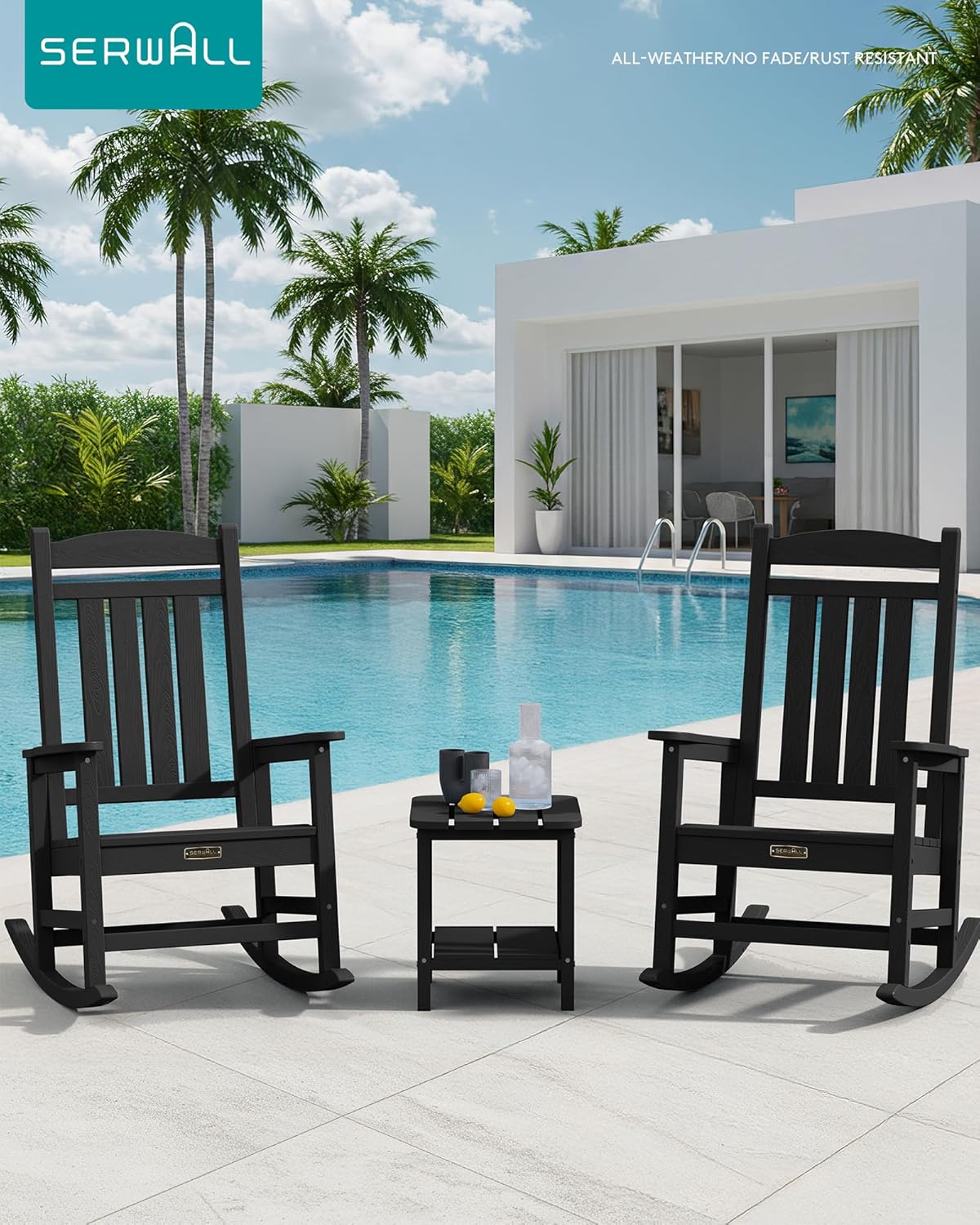 SERWALL Outdoor Rocking Chair, HDPE Patio Rocking Chair All-Weather Porch Rocker for Balcony, Yard, Black