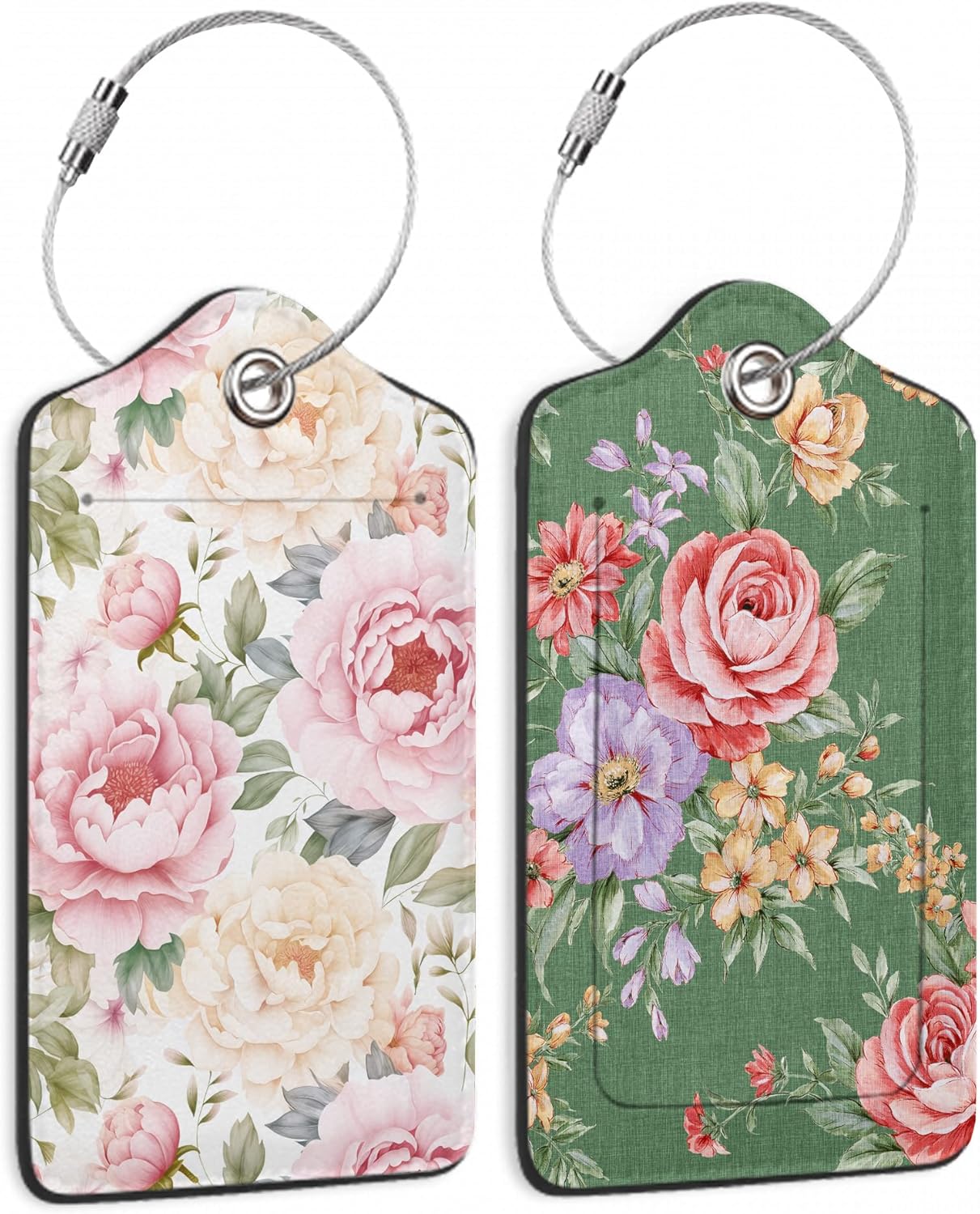 Vintage Beautiful Floral 2 Pack Luggage Tag for Suitcase, Cute Unique Leather Bag Tags Identifiers Privacy Cover ID Label with Durable Steel Loop for Women Men Kids Girls Travel