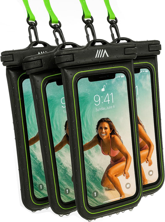 【2025 Upgraded】 4 Pack Black - IP68 Waterproof Phone Pouch Floating Design No Sink Waterproof Phone Case - Beach Pool Travel Essentials - Works w/All Phones - Detachable Lanyard - Black/Hi-Vis Green