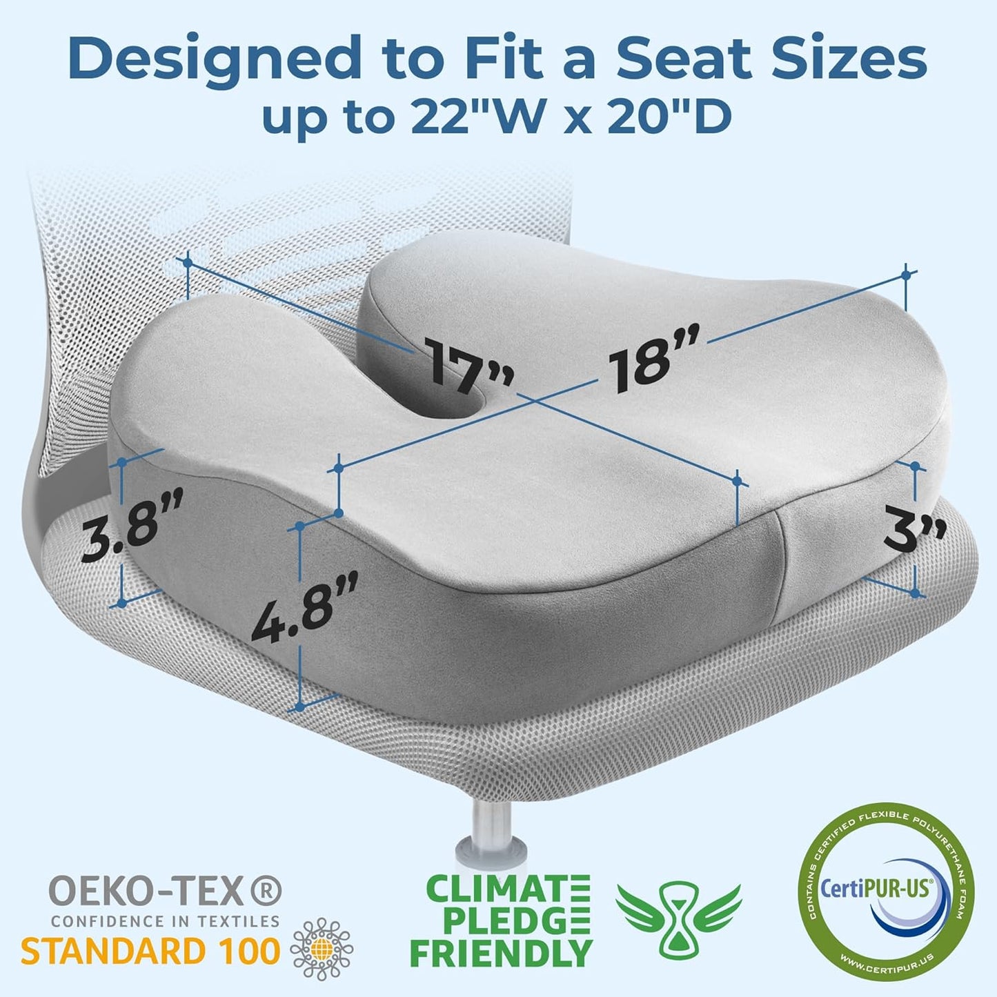 5 STARS UNITED Seat Cushion for Tailbone Pain Relief – Large Memory Foam Cushion for Coccyx, Hip, Sciatica & Post-Surgery Recovery – Wheelchair, Car, Desk, Gaming & Office Chairs, Light Gray