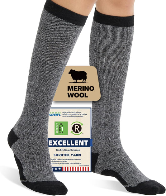 Merino Wool Compression Socks for Women Men, 15-20 mmHg Knee High Socks for Flying, Travel, Running