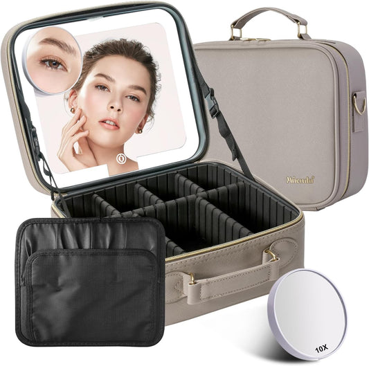 Mocado Travel Makeup Bag with LED Lighted Mirror,Travel Makeup Organizer,Makeup Case with 3 Color Lighted Setting and 10x Magnifying Mirror,Portable Storage and Adjustable Dividers Makeup Box(Grey)