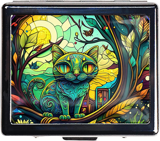 Silver Vintage Pill Box 7 Day Metal Pill Box with Mirror and 8 Compartments Cute Travel Pill Organizer for Purse (Stained Glass Cat)