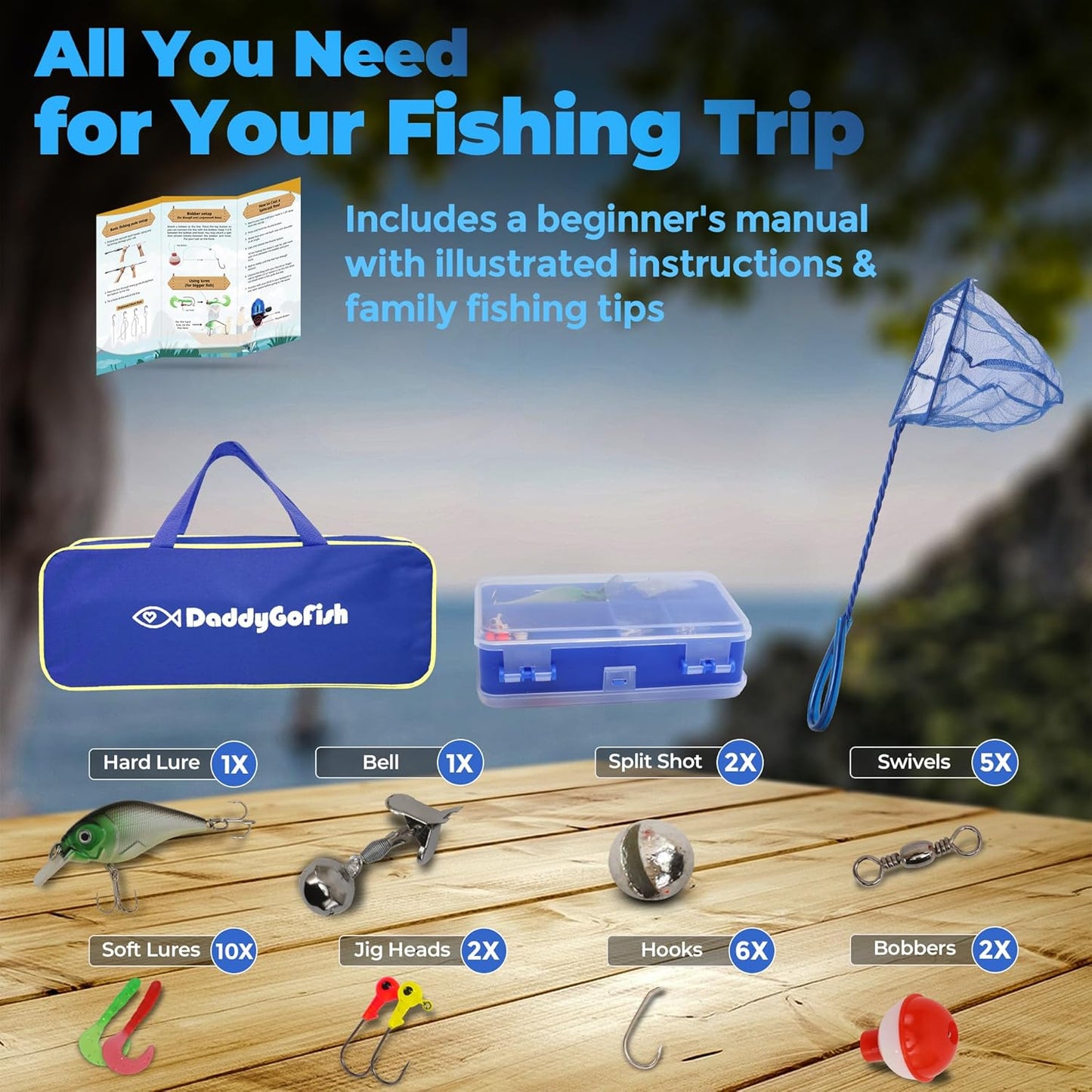 DaddyGoFish Kids Fishing Pole - Rod Reel Combo Tackle Box Starter Set - First Year Small Gear Kit for Boys Girls Toddler Youth Age Beginner Little Children