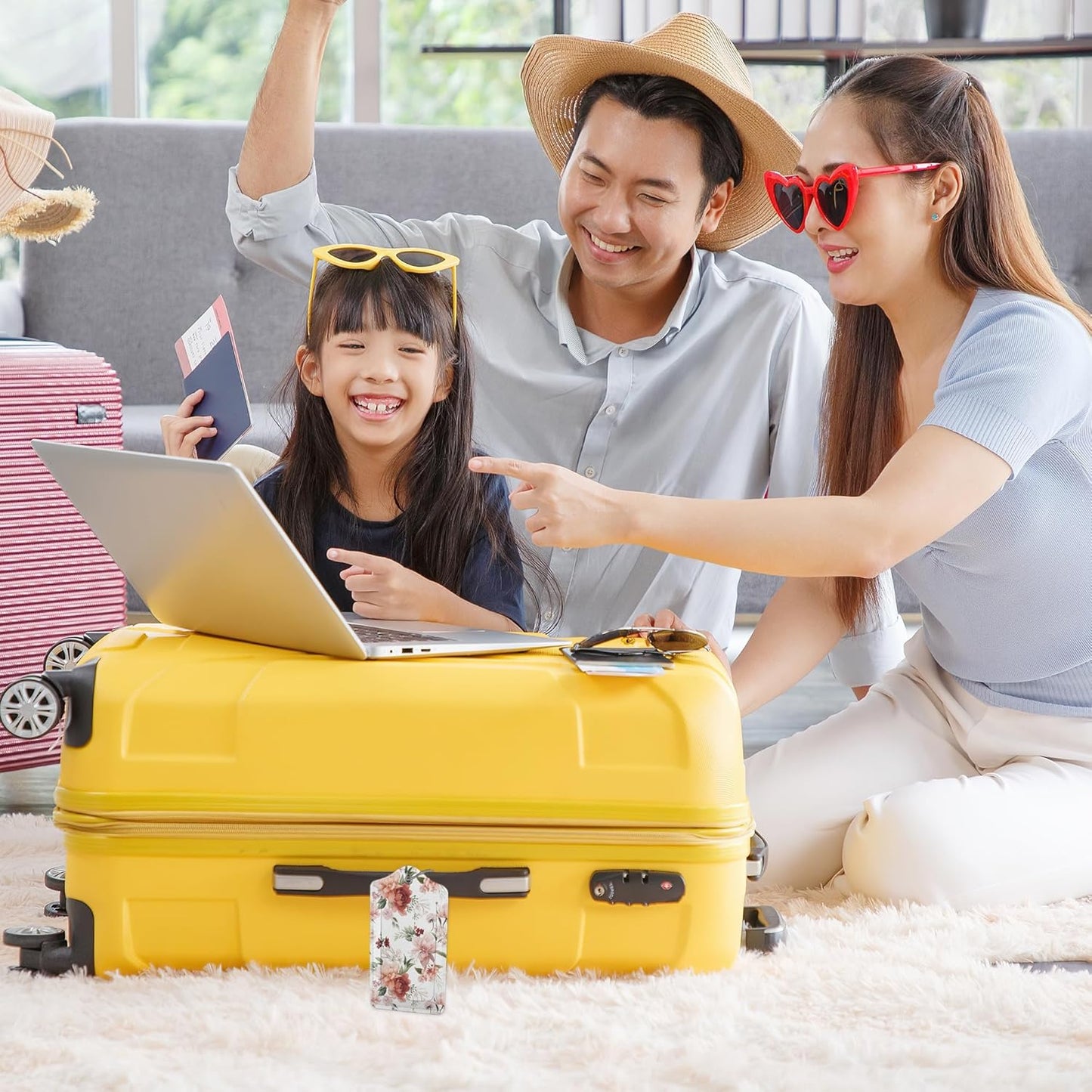 Watercolor Floral Hand Painting Luggage Tags for Suitcases, 2 Pack Cute PU Leather Suitcase Tag Identifiers with Address Card for Baggage Tag