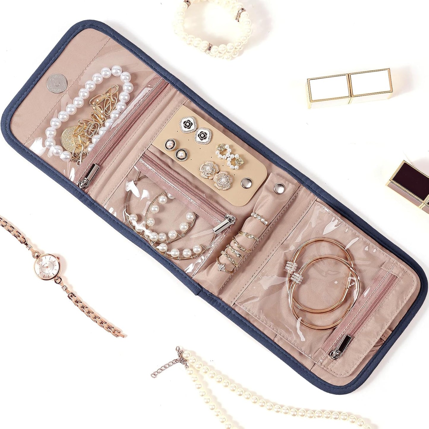 BELALIFE Travel Jewelry Case Organizer, Small Foldable Storage Roll for Earrings, Necklaces, Rings, Bracelets, Brooches, Blue-Gray