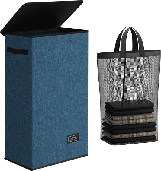 SOLEDI Slim Laundry Hamper with Lid, Narrow Laundry Basket with Removable Bags, Dirty Clothes Hamper with handle, Small Hamper perfect for Laundry room, Bathroom, Bedroom, Small spaces. 70L Blue