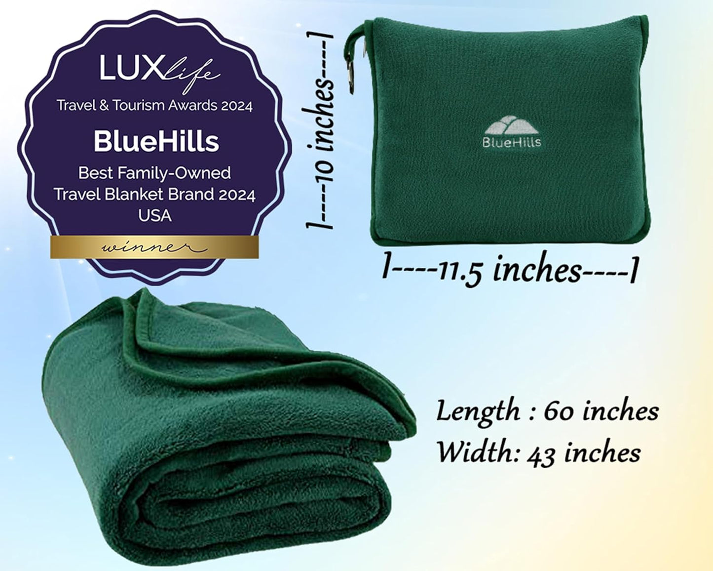 BlueHills Premium Soft Travel Blanket Pillow Airplane Flight Blanket Throw in Soft Bag Pillowcase Compact Pack Large Comfort for Travel Green (Dark Green T010)