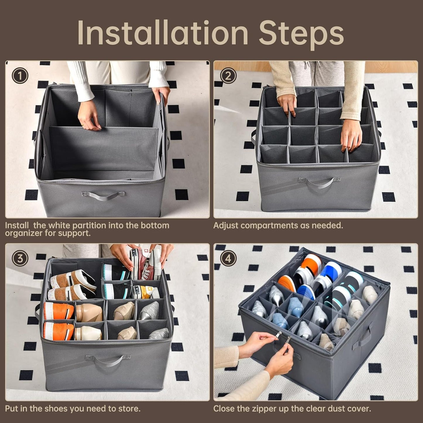 2 Pack Shoe Organizer for Closet,Fits up to 32 Pairs,Adjustable Dividers for Shoe Storage,Fabric Shoe Storage Bins with Clear Cover,Grey