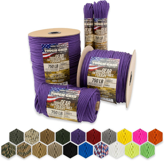 TOUGH-GRID 750 Paracord Rope Nylon Parachute Cord, Made in USA Survival Kit, Outdoor Adventures, Camping, Tactical Gear & Emergency Supplies, Military Type IV Mil-Spec