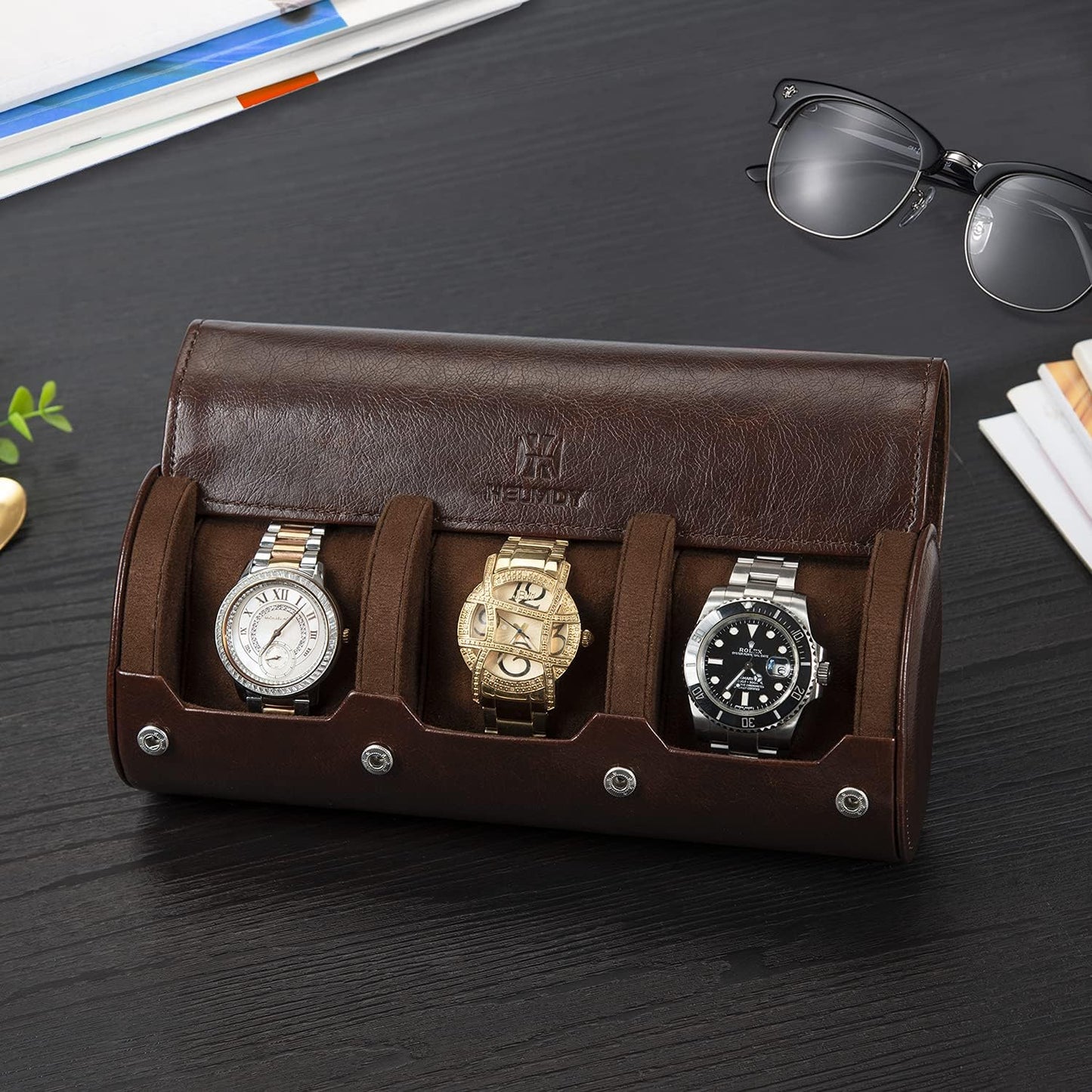 Watch Roll Travel Case: 3 Slot Watch Box Organizer for Men - Watch Storage and Display Case - Watch accessory Fits All Wrist Watches & Smart Watches Up to 50mm (Dark Brown)