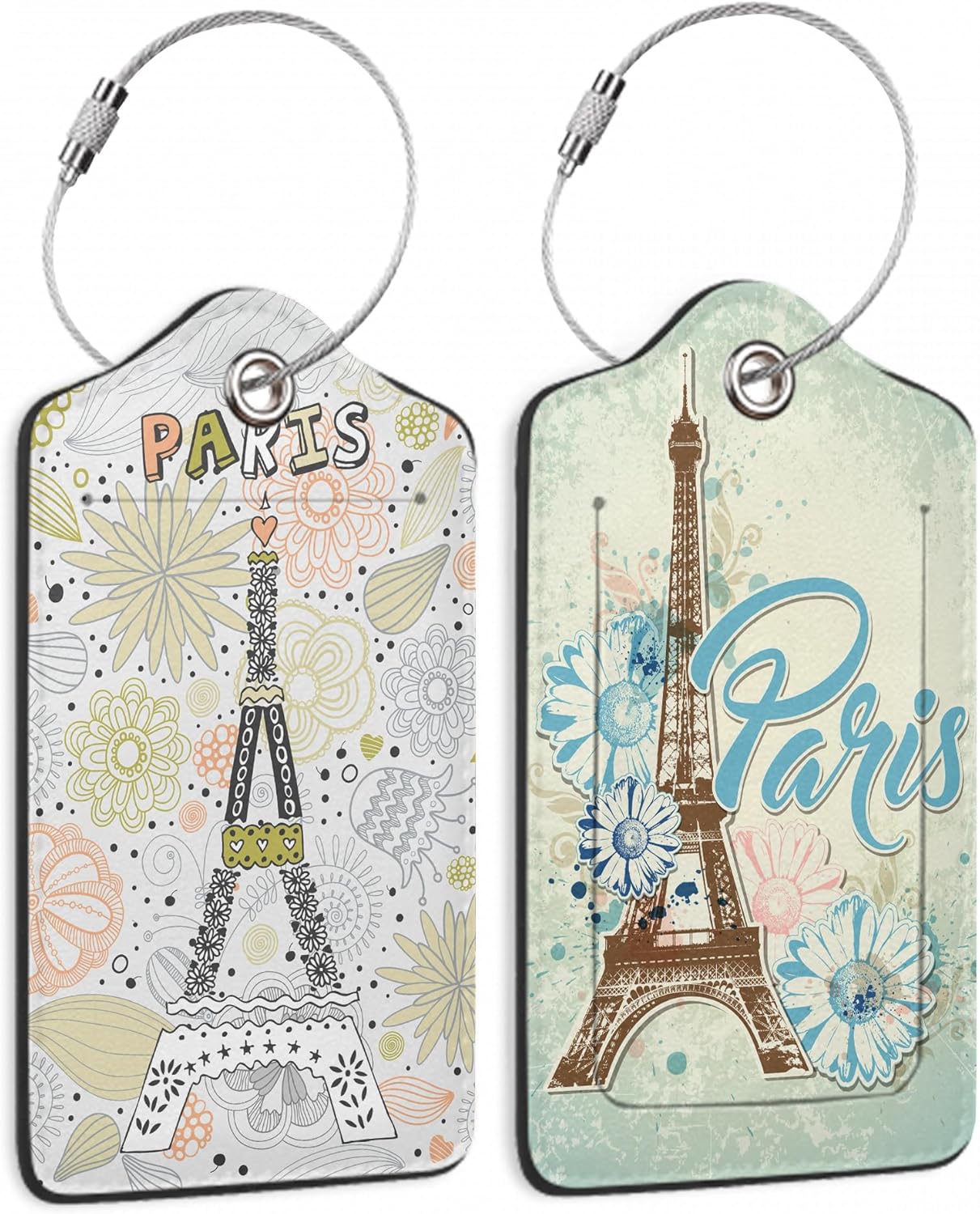 2 Pack Funny Luggage Tags with for Suitcases, Vintage Eiffel Towe Paris PU Leather Luggage Tag Accessories Privacy Cover ID Label with Stainless Steel Loop for Travel Bag for Women Girls Teens