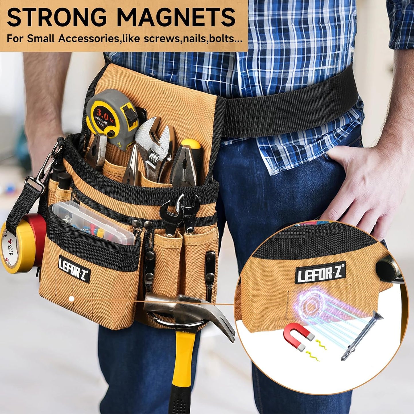 Tool Belt,Magnetic Tool Pouch,14-Pockets Tool Belts for Men,Detachable & Adjustable Tool Pouch Belt for Electrician,Carpenter,Construction,Work Apron,Utility Belt,Black-Brown