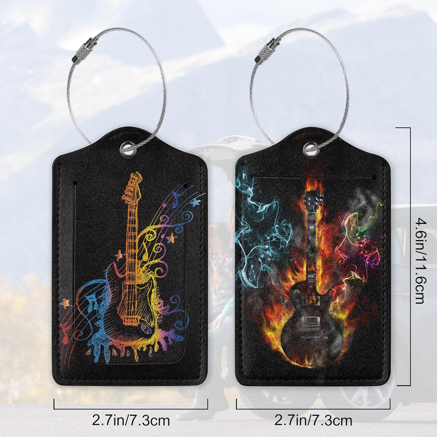 2 Pack Luggage Tags with Colorful Guitar for Suitcases, Burning Electric Guitar PU Leather Luggage Tag Accessories Privacy Cover ID Label with Stainless Steel Loop for Travel Bag for Women Girls