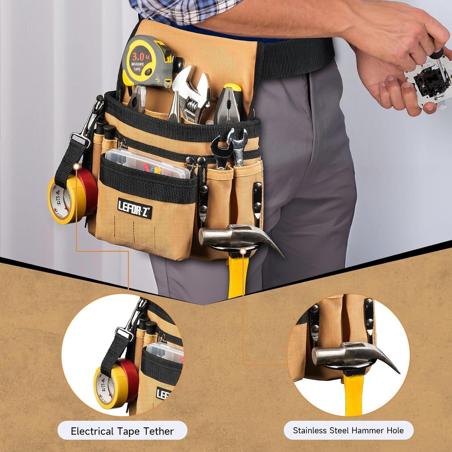 Tool Belt,Magnetic Tool Pouch,14-Pockets Tool Belts for Men,Detachable & Adjustable Tool Pouch Belt for Electrician,Carpenter,Construction,Work Apron,Utility Belt,Black-Brown