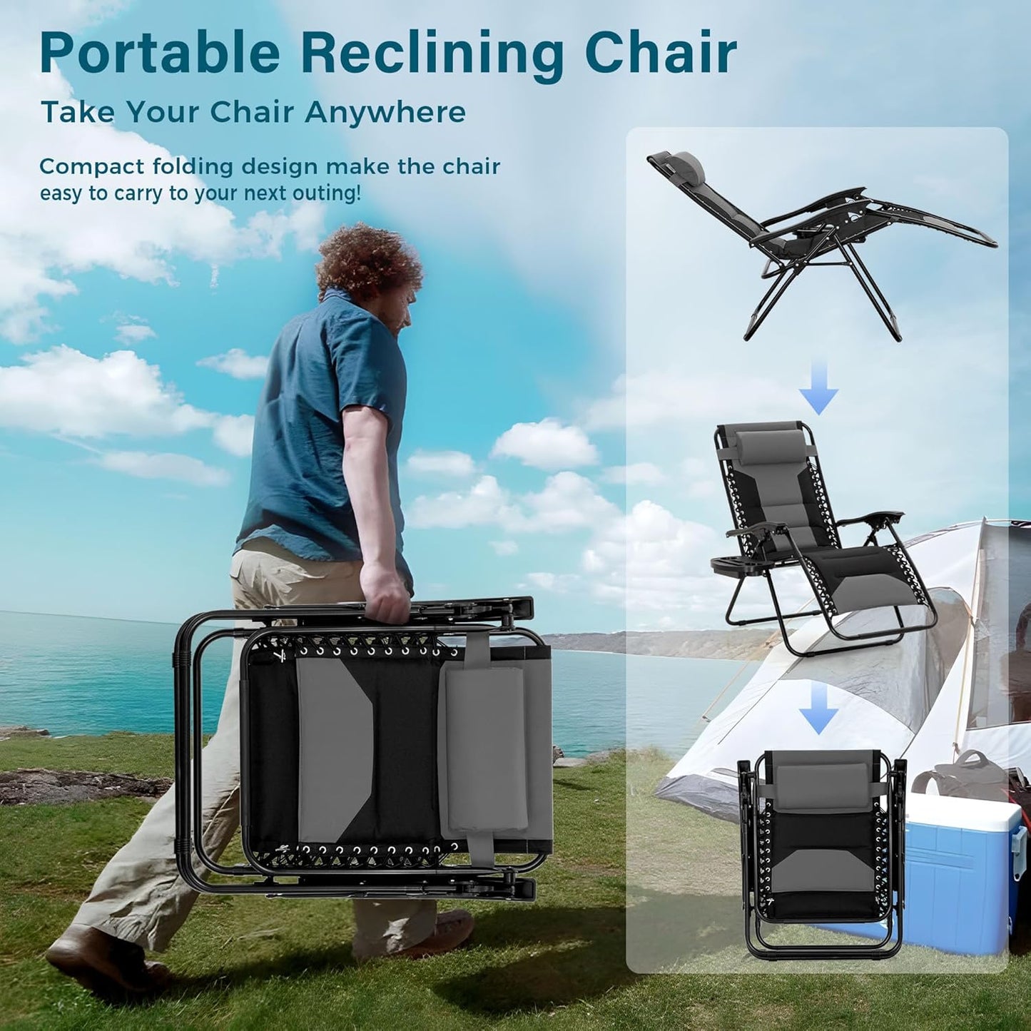 MFSTUDIO Padded Zero Gravity Chair Set of 2, Folding Patio Lounge Recliner with Adjustable Pillows & Cup Holder for Poolside Backyard, Support 400lbs(Grey)