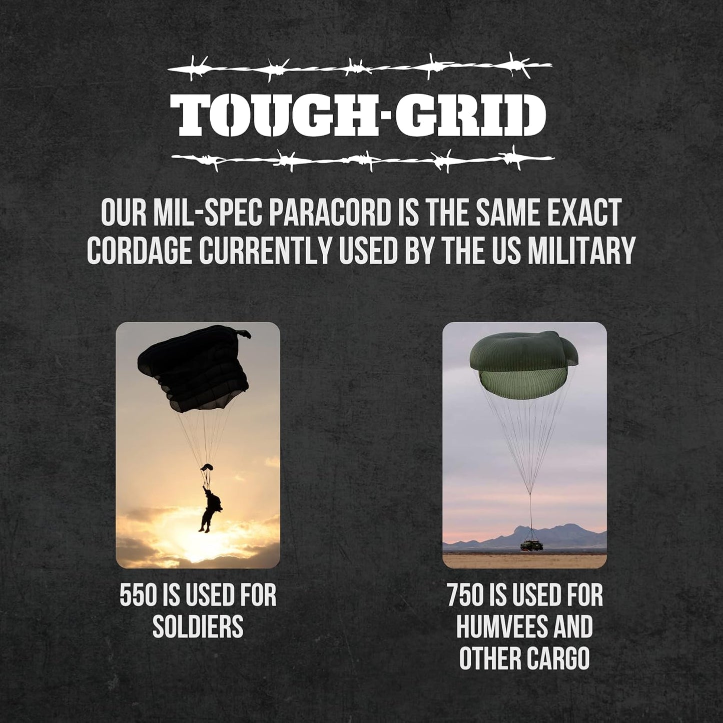 TOUGH-GRID 750 Paracord Rope Nylon Parachute Cord, Made in USA Survival Kit, Outdoor Adventures, Camping, Tactical Gear & Emergency Supplies, Military Type IV Mil-Spec