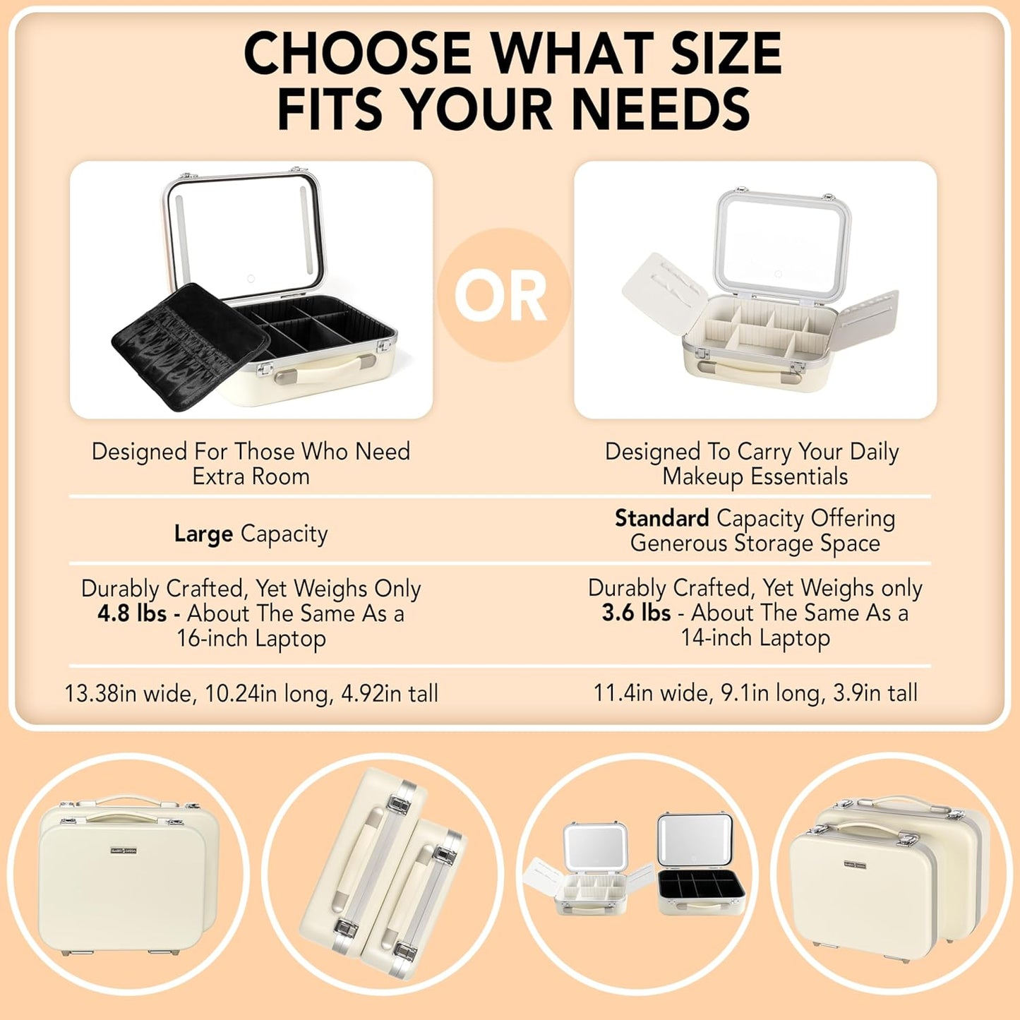 Lighted Makeup Case with Mirror - Large Size 13.4" x 10.2" - Travel Makeup Case With Mirror - Rechargeable LED Travel Vanity Case with Adjustable Brightness - Train Case Makeup Bag - White