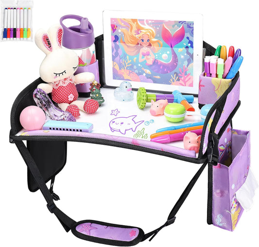 Kids Travel Tray for Car-Car Seat Tray for Kids Travel, Carseat Table Top for Toddler Road Trip Essentials With Drawing Kit, Kids Lap Desk Organizer for Car, Airplane (Purple Mermaid)