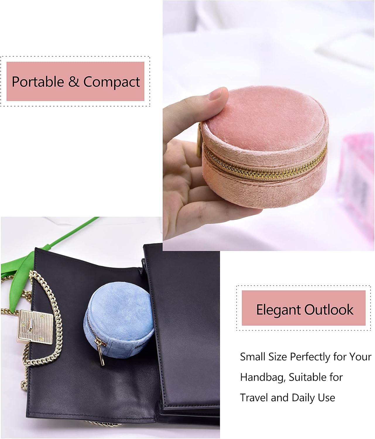 TAIMY Travel Jewelry Box, Mini Round Velvet Travel Jewelry Case for Women Girls, Portable Small Jewelry Travel Organizer Boxes for Rings Earrings Necklaces Bracelets(Blush Peach)