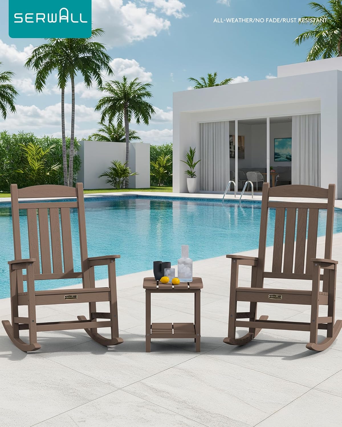 SERWALL Outdoor Rocking Chair, HDPE Patio Rocking Chair All-Weather Porch Rocker for Balcony, Yard, Brown