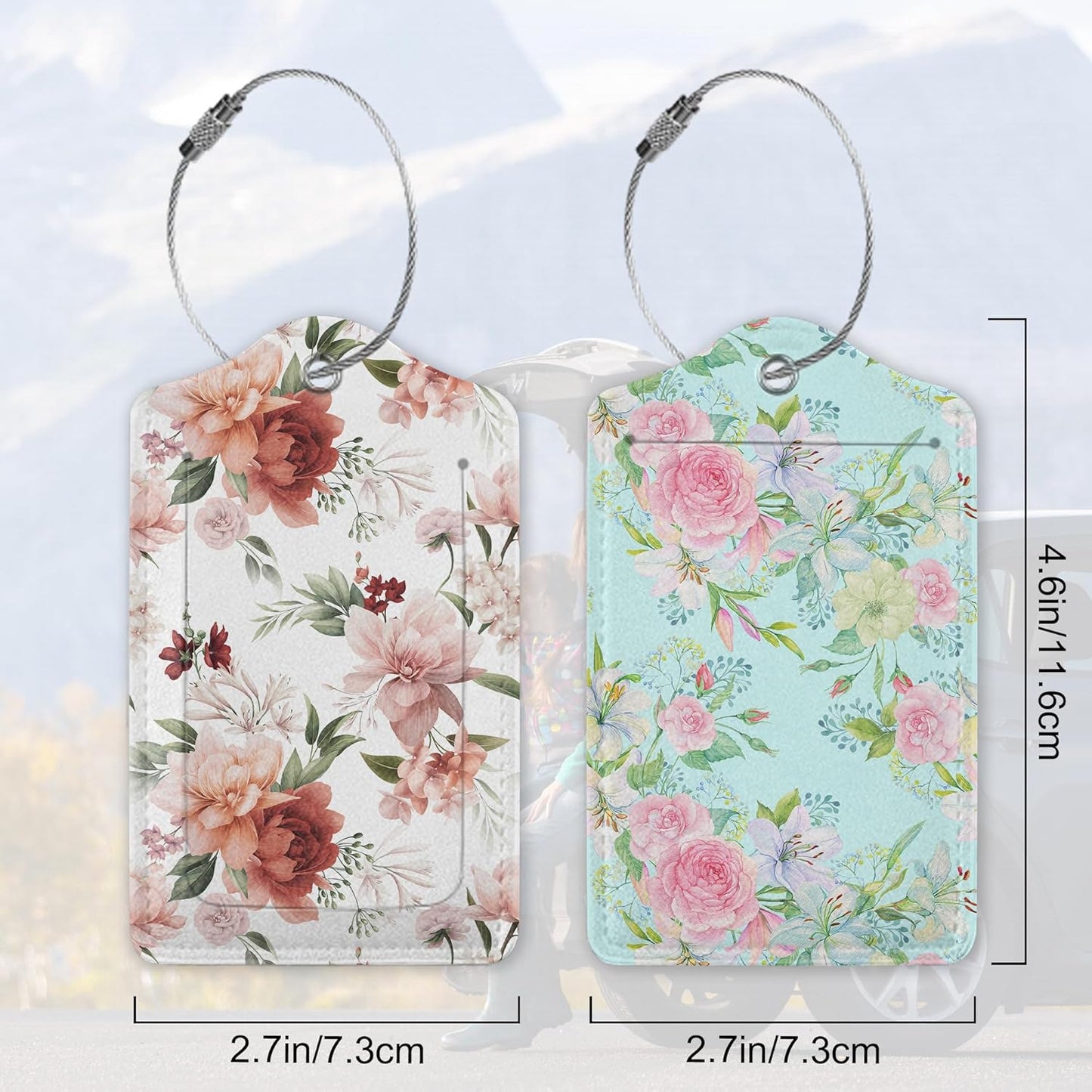 Watercolor Floral Hand Painting Luggage Tags for Suitcases, 2 Pack Cute PU Leather Suitcase Tag Identifiers with Address Card for Baggage Tag