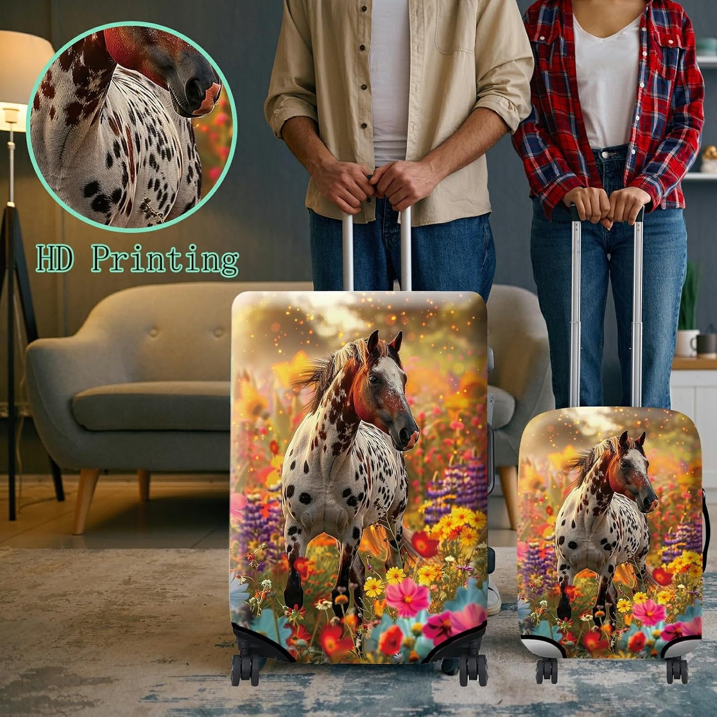 Luggage Cover + Tag, Spotted Horse Garden Travel Suitcase Protector for 24 inch Luggage (M) with Concealed Zipper, Washable Elastic Cloth, Dustproof, Anti-Scratch