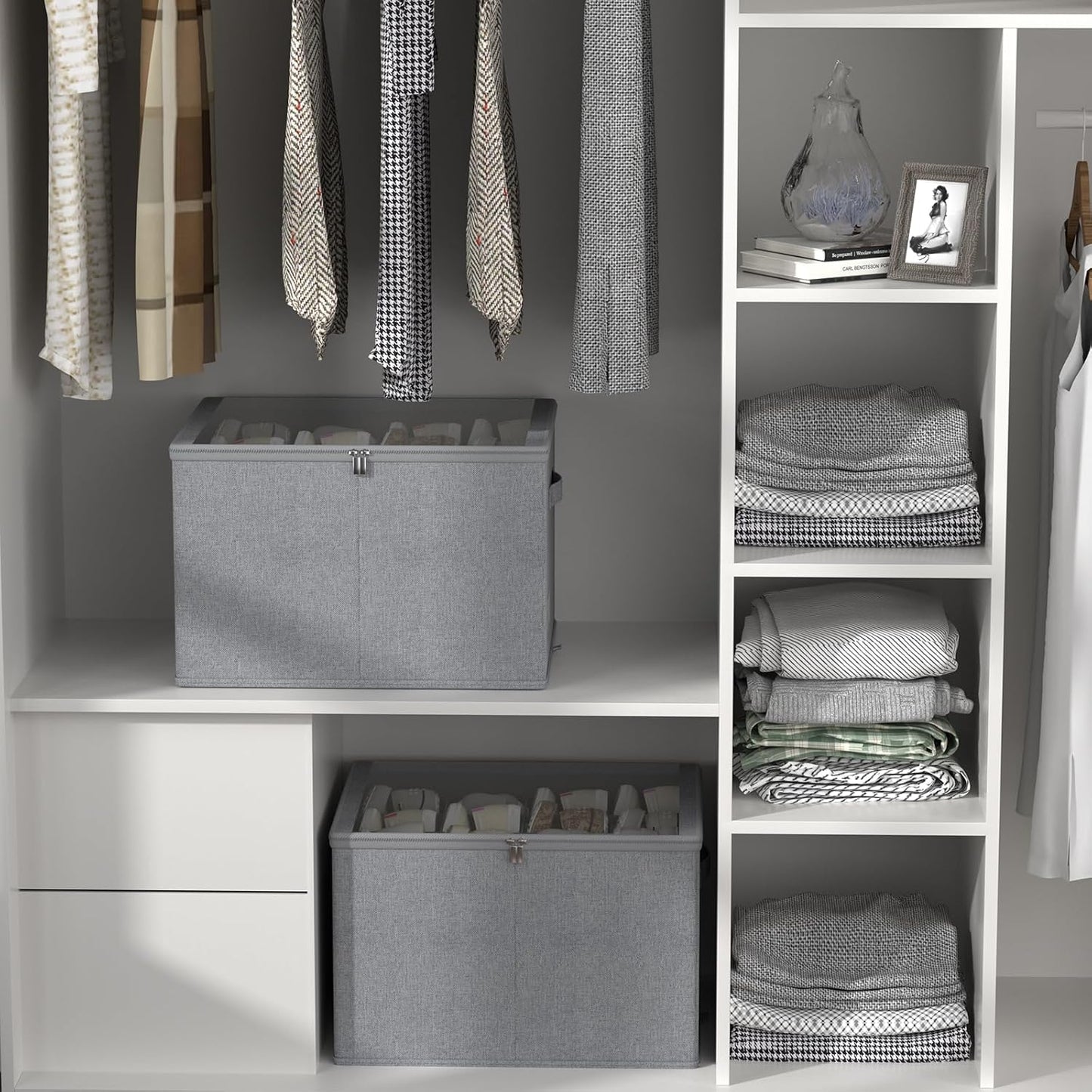 Shoe Organizer for Closet, 2 Pack Sturdy Shoe Storage Bins with Clear Cover, Fits 16-32 Pairs, Foldable Shoe Storage Box with Reinforced Handles (Grey, 19.7 * 15.7 * 12.6in)