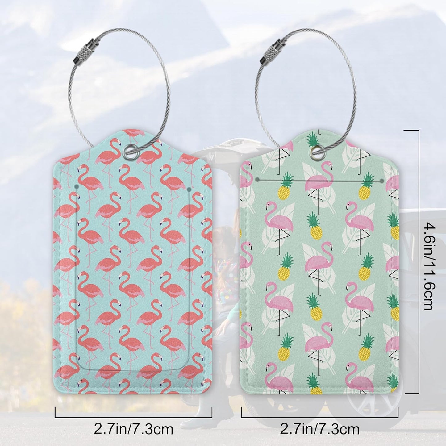 2 Pack Funny Luggage Tags with for Suitcases, Pink Flamingos PU Leather Luggage Tag Accessories Privacy Cover ID Label with Stainless Steel Loop for Travel Bag for Women Girls Teens