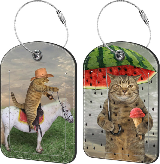 Cute Cat Luggage Tag for Suitcase Set of 2 PU Leather Cute Luggage Tags with Stainless Metal Loop ID Label Privacy Flap Suitcase Tags for Women and Men Travel