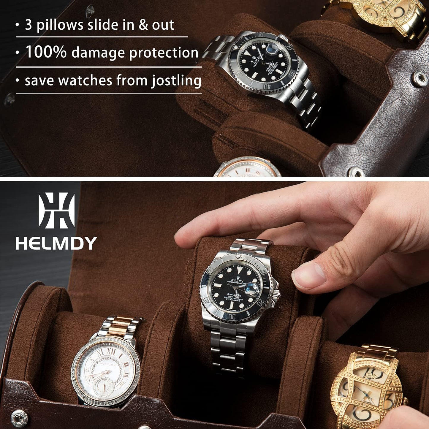 Watch Roll Travel Case: 3 Slot Watch Box Organizer for Men - Watch Storage and Display Case - Watch accessory Fits All Wrist Watches & Smart Watches Up to 50mm (Dark Brown)