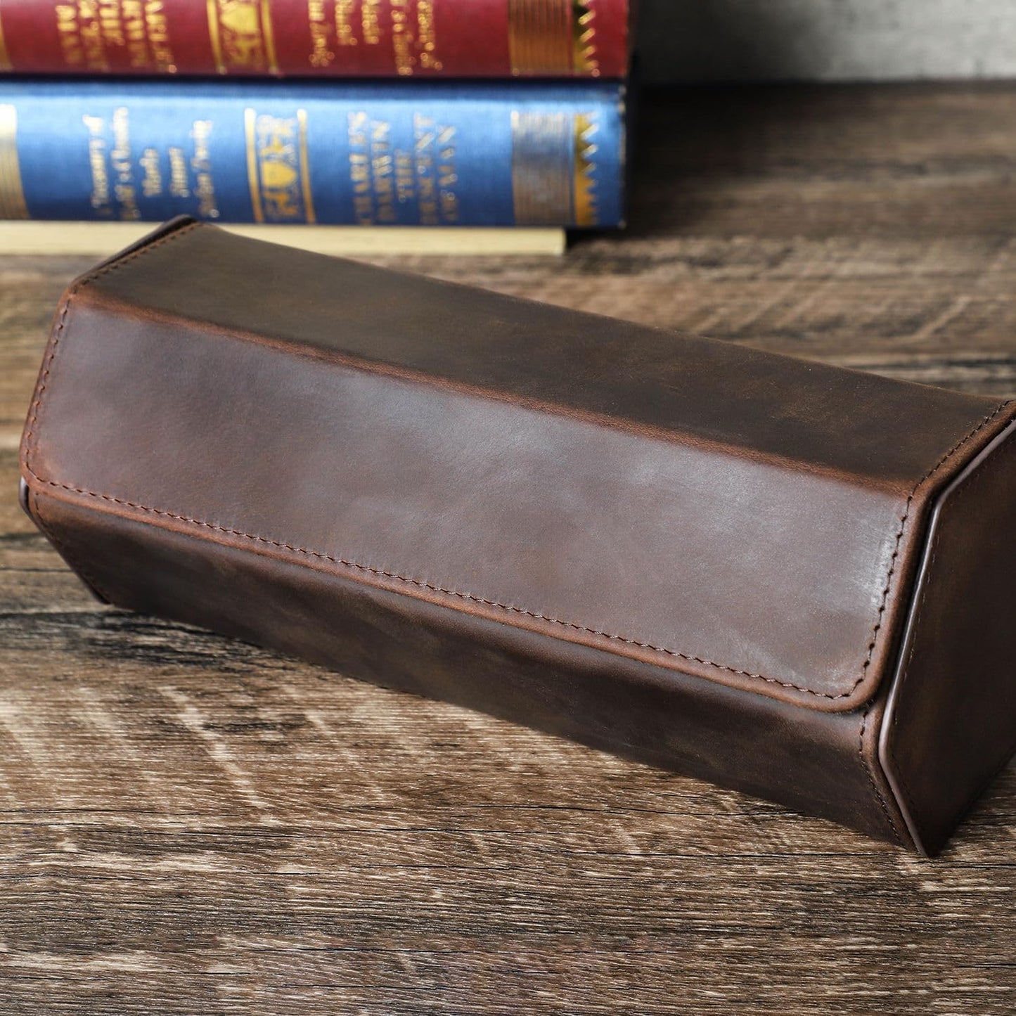 Genuine Leather Watch Roll Travel Case, Vintage Full Grain Leather Hexagon Watches Storage Organizer with Display Removable Pillows & Solid Dividers for Home Storage &Display(3 Slots)