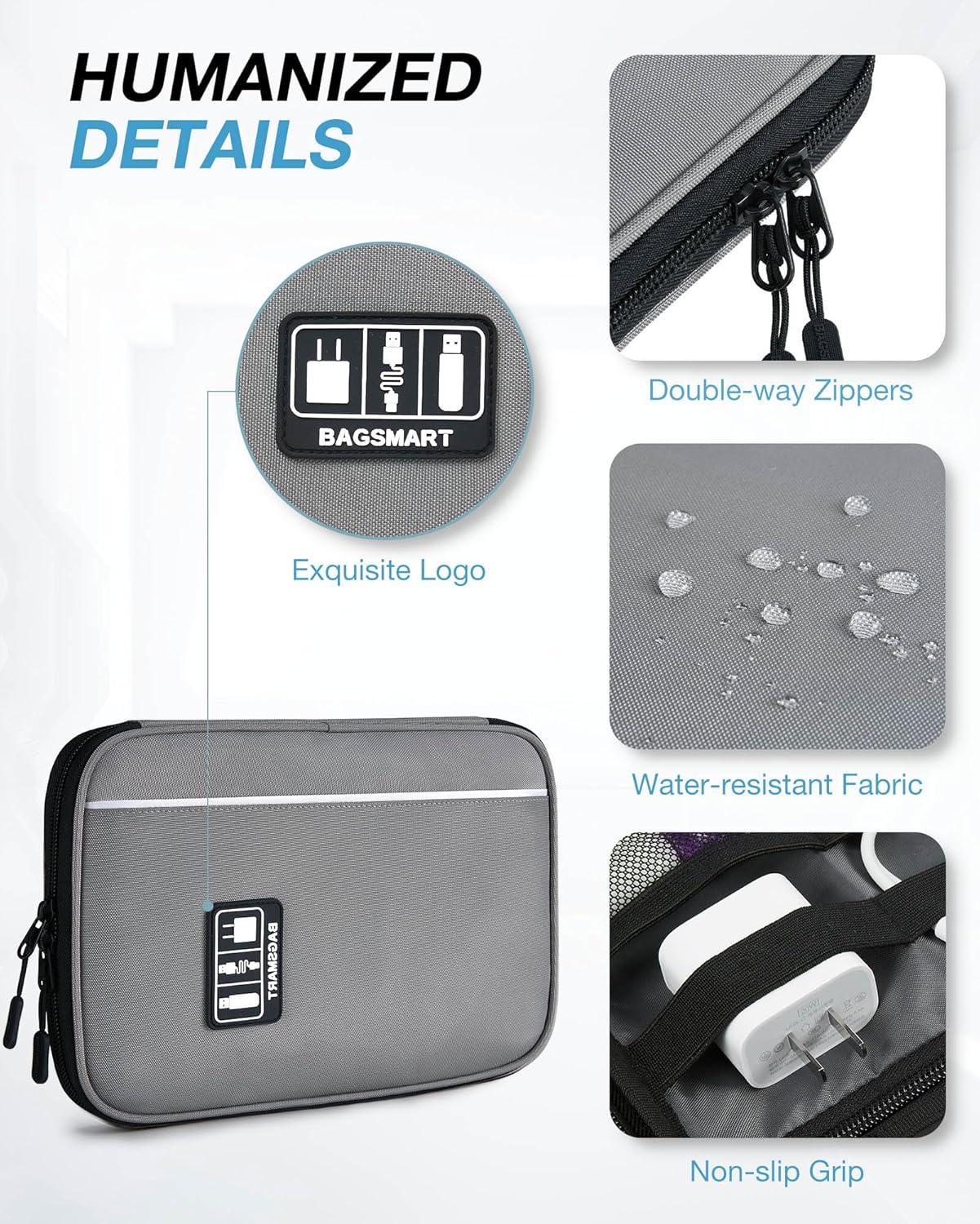 BAGSMART Electronics Travel Organizer Case, Compact Cable Organizer Bag for Phone Accessories, Power Bank, SD Card Storage, Grey