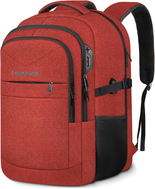 Lapsouno Large Backpack, Travel Laptop Backpack, Carry on Backpack, Sturdy 17 Inch TSA Friendly with USB Port, Water Resistant College School Bag Gifts for Men Women, Wine Red