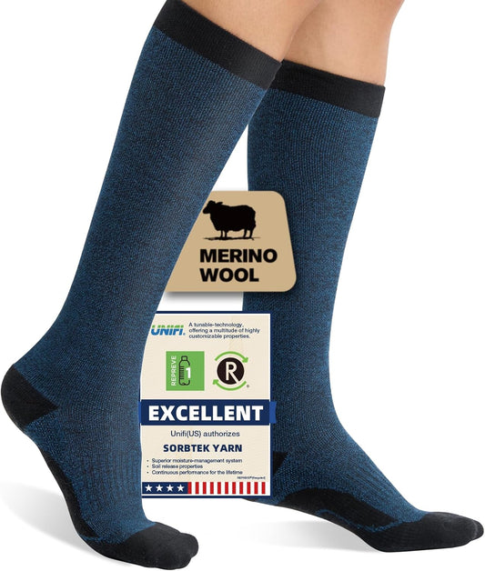 Merino Wool Compression Socks for Women Men, 15-20 mmHg Knee High Socks for Flying, Travel, Running