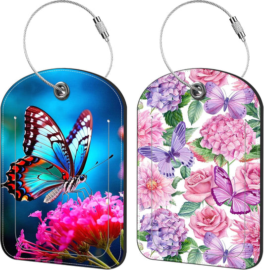 Beautiful Butterfly and Flowers Luggage Tag for Suitcase Set of 2 PU Leather Cute Luggage Tags with Stainless Metal Loop ID Label Privacy Flap Suitcase Tags for Women and Men Travel