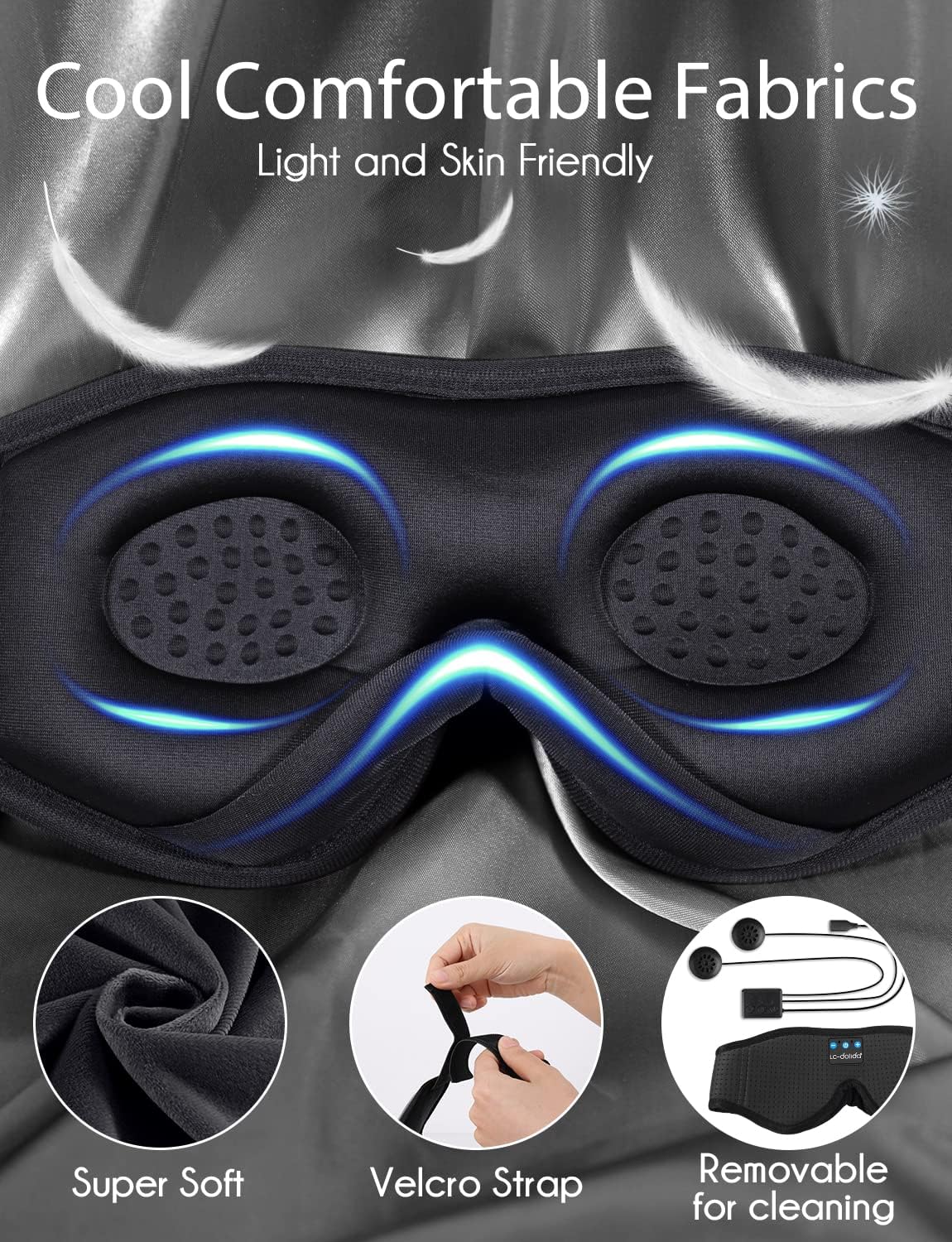 LC-dolida Sleep Headphones, Sleep Mask Bluetooth Wireless Music Eye Mask, Sleeping Headphones for Side Sleepers Sleep Mask with Bluetooth Headphones Ultra-Thin Stereo Speakers Perfect for Sleeping