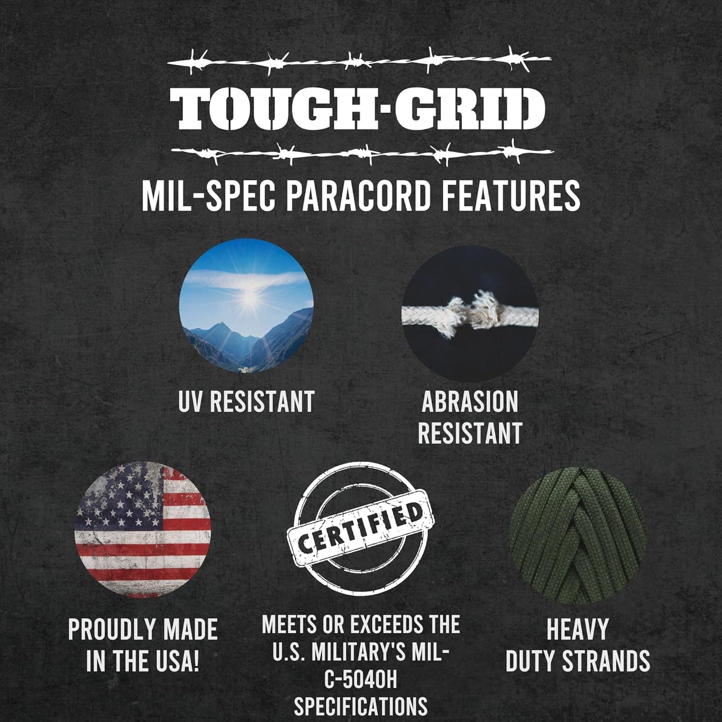 TOUGH-GRID 750 Paracord Rope Nylon Parachute Cord, Made in USA Survival Kit, Outdoor Adventures, Camping, Tactical Gear & Emergency Supplies, Military Type IV Mil-Spec