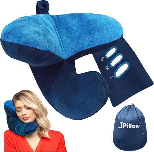 JPillow Travel Pillow for Airplanes – A Little Bulky, Expensive, and Takes a Couple of Minutes to Master, but Supports Your Head and Neck in Genuine Luxury – British Invention of The Year (Blue)