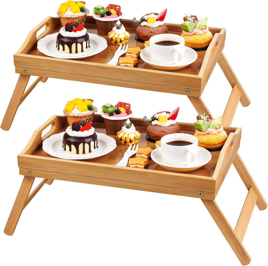 Ruisita 2 Pack Bamboo Bed Tray Table with Folding Legs Breakfast in Bed Tray Snack Food Tray Serving Platters Tray with Handles for Adults Kids Eating Kitchen Bedroom (15.8 x 11 x 6.9 Inch, Natural)