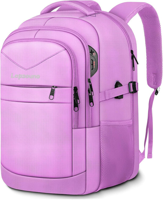 Lapsouno Large Laptop Backpack, Travel Laptop Backpack, 17.3 Inch Carry on Backpack with USB Port, TSA Travel Bag for Women, College School Backpack for Women, Light Purple